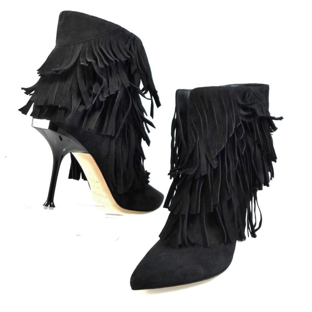 NIB$1265 SERGIO ROSSI Fringed Ankle Suede Booties Pointed Toe Stiletto Heels 37 - Picture 5 of 16